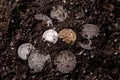 Closeup view of medieval European gold and silver coins.Old Polish coins.Zygmunt III Waza.Ancient gold and silver coins.