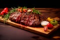 Closeup view of Medium rare roasted beef meat on plate. Slices of juicy beef steak or angus steak