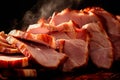 Closeup view of Medium rare roasted pork meat on plate. Slices of juicy pork steak or angus steak
