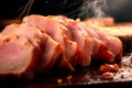 Closeup view of Medium rare roasted pork meat on plate. Slices of juicy pork steak or angus steak