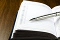 Closeup view of a metal pen lying on the diary with a timetable Royalty Free Stock Photo