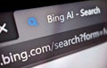 Closeup view of Microsoft\'s Bing AI Search powered by ChatGPT is displayed in a web browser on a computer screen