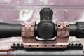 Closeup view of modern powerful sniper rifle with telescopic sight outdoors Royalty Free Stock Photo