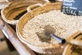 Closeup view on mongeta ganxet beans in baskets selling on shop Royalty Free Stock Photo