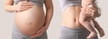 Closeup view of mother with baby and pregnant woman touching her belly on beige background, collage. Banner design Royalty Free Stock Photo