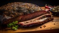 closeup view of mouthwatering tantalizing large sliced piece of freshly cooked meat, neural network generated image