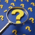 Closeup view of multiple question marks with a highlighted yellow one on a blue backdrop