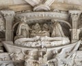 Closeup view Nativity, Western Portal main entrance of the Santa Maria Church in Lisbon, Portugal.