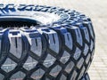 Closeup view of new mud and terrain tire tread