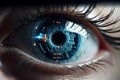 Closeup view of normal human eye with cybernetic pupil. Neural network generated photorealistic image