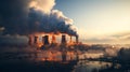 Closeup view Nuclear energy chimney with smoke