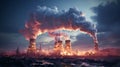 Closeup view Nuclear energy chimney with smoke