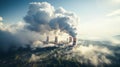 Closeup view Nuclear energy chimney with smoke