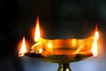 Closeup view of oil brass lamp diya for holy worship puja