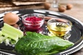 Closeup view of Passover Seder plate keara with traditional meal. Pesah celebration