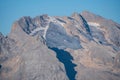 Closeup view of Peak Marmolada with glacier during summer time while ice is melting in Trentino-Alto Adige