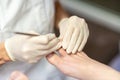 Closeup view of pedicurist making medical pedicure Royalty Free Stock Photo