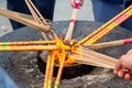 Closeup view of people burning incense sticks at the Buddhist Jing`an temple in Shanghai, China Royalty Free Stock Photo