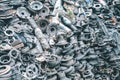 Closeup view of pile of old rusty metal scrap and used spare parts, disassembly. Old car parts suitable for future use. Royalty Free Stock Photo