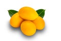 Closeup view pile of ripe sweet yellow marian plum isolated on white background