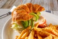 plate of avocado turkey croissant sandwich, crinkle cut fries Royalty Free Stock Photo