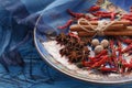 Closeup view of plate with orient spices on table