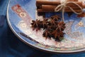 Closeup view of plate with orient spices on table