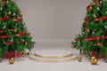 Closeup view of a platform in the middle of decorated Christmas trees for product sale Royalty Free Stock Photo