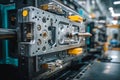 Closeup View of Precision Mechanisms in an Injection Molding Machine at an Industrial Facility Producing Plastic Components Royalty Free Stock Photo