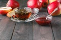 Closeup view of raspberry jam and herbal tea Royalty Free Stock Photo