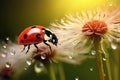 A closeup view of a red ladybug perched on top of a delicate dandelion flower, Ladybug on a dandelion flower close-up, Nature