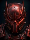 a closeup view of a red metal helmet with a skull in the dark