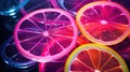 closeup transparent lemons citrus slice with glowing neon pink red green color