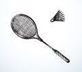 Vector drawing. Badminton racket and shuttlecock Royalty Free Stock Photo