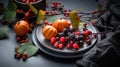 Closeup view of seasonal table setting with autumn leaves, pumpkins and ashberries on grey background, generative ai