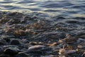 Closeup view of the seawater at sunset. Golden hour. Splashes of water, water bubbles.