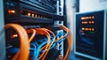 Server rack with multiple network cables and blinking lights in a data center Royalty Free Stock Photo