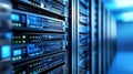 Closeup view of server rack in server room, featuring numerous servers, network cables, and lighting, showcasing the core