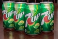 Closeup View of Several Cans of 7 UP