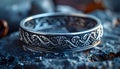 Intricately designed silver bangle with Celtic knot pattern on rugged rocky surface Royalty Free Stock Photo