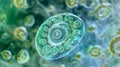 A closeup view of a single cyanobacteria cell showing its intricate spiralshaped structure. The cell is surrounded by Royalty Free Stock Photo