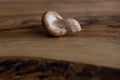 Closeup view of single shiitake mushroom from side on grainy wooden background Royalty Free Stock Photo