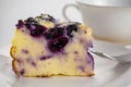 Closeup view slice of yogurt blueberry cake with metal fork in white ceramic dish