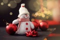 Closeup view of snowman toy, Christmas ball and bow on black table against blurred festive lights. Space for text Royalty Free Stock Photo