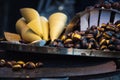 A closeup view of some roasted chestnuts in Navona Square, Christmas, Rome, Italy