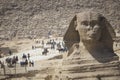 Closeup view of the Sphinx head with pyramid in Giza near Cairo, Egypt Royalty Free Stock Photo