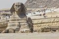Closeup view of the Sphinx head with pyramid in Giza near Cairo, Egypt Royalty Free Stock Photo
