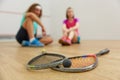 Closeup view on squash game training equipment Royalty Free Stock Photo