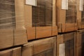 Closeup view of stacked boxes in warehouse. Wholesaling
