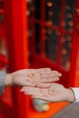 Closeup view to newlyweds holding wedding rings on their palms Royalty Free Stock Photo